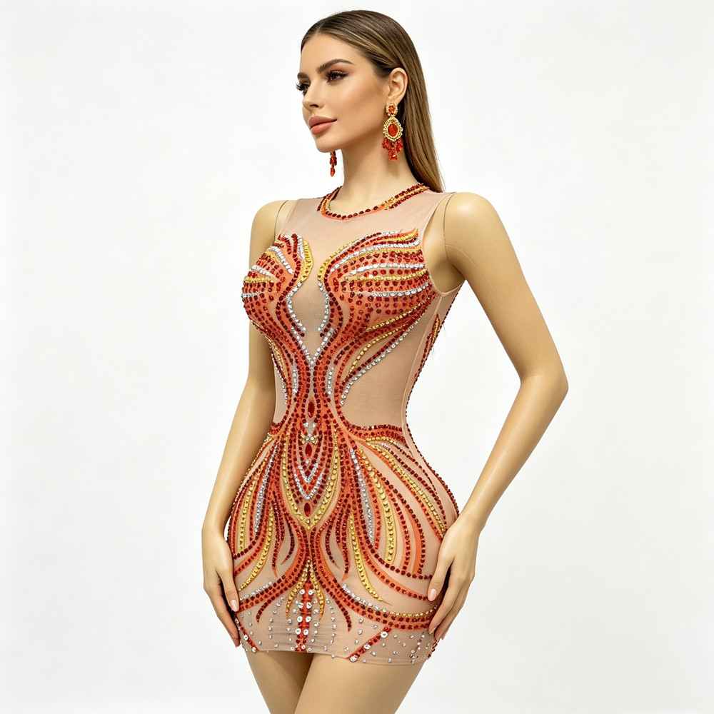 Sparkly Rhinestone Club Party Dress - Women Sparkly Rhinestones Mesh Mini Dress