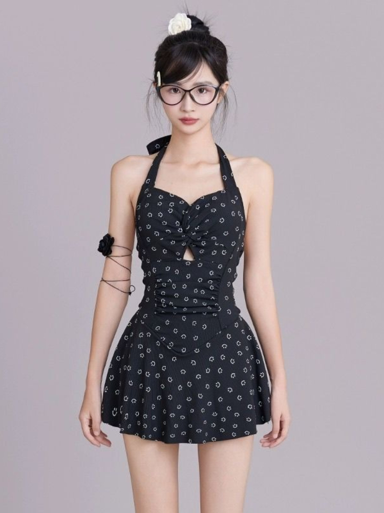 Swimwear - Women's Halter One Piece Swimsuit Skirted