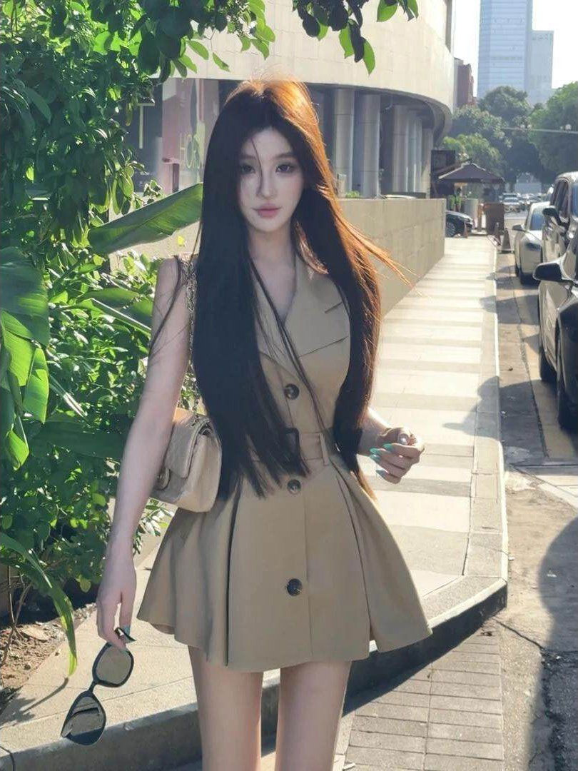 Korean Style A Line Shirt Dress - Kaki Color Shirt Collar Sleeveless Dress