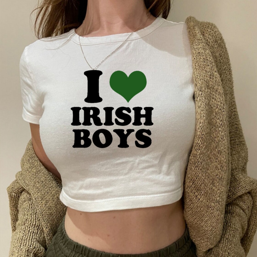 Y2K Graphic Baby Tee Crop - I Love Irish Boys Hip Hop