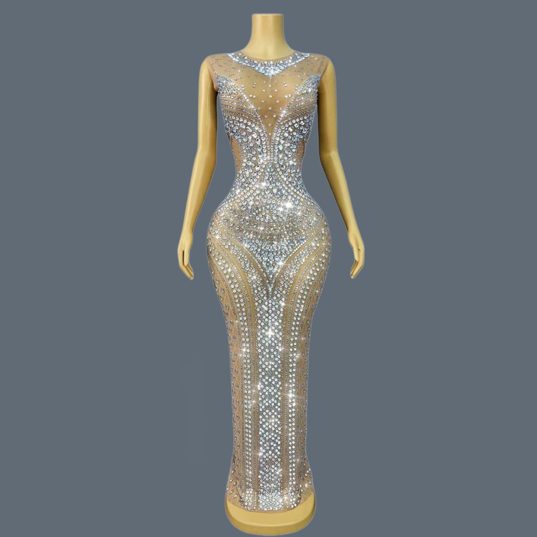 Sparkly Rhinestone Club Party Dress - Women Sparkly Rhinestone Sleeveless Evening Dress