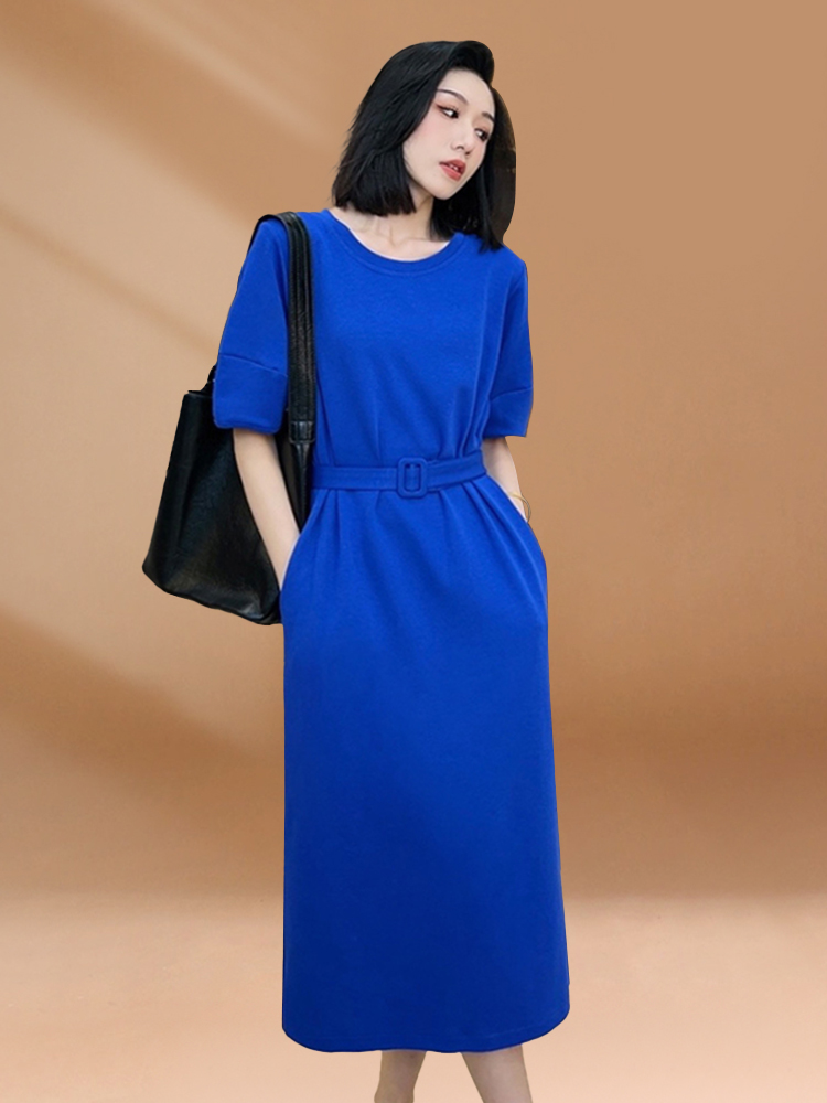 Korean Style A Line Shirt Dress - Klein Blue Women's Summer Casual Long